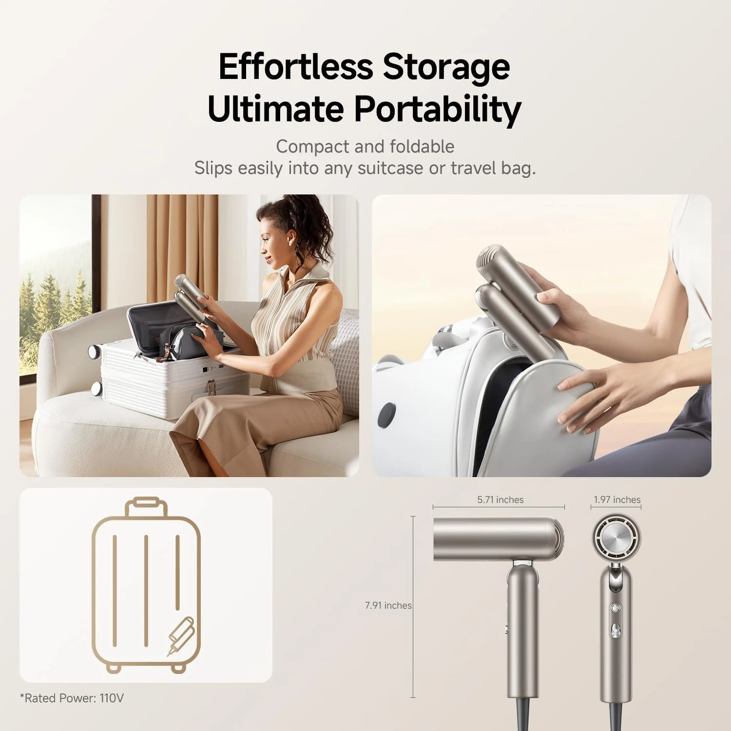 Pocket Hair Dryer  Portable Folding Blow Dryer with Diffuser, Fast Drying, High-Speed Brushless，for Home & Domestic Travel & Gym