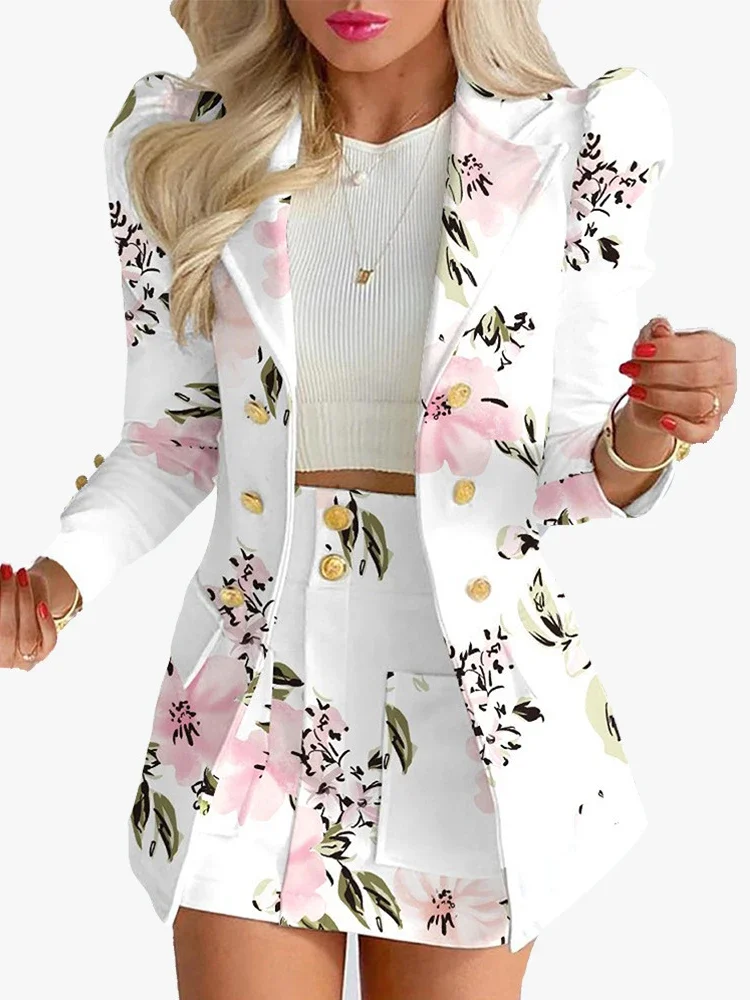 New Spring Autumn Leisure Fashion Suit Women's Double-breasted Long Sleeve Tops Skirt Suit 2-piece Office Women Dress Skirts Set