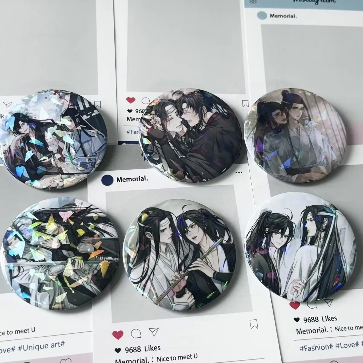 "Magic Master" fan art "Ba Ji" LAN Wangji Wei Wuxian "laser fer blanc brillant badge broche anime marchandise