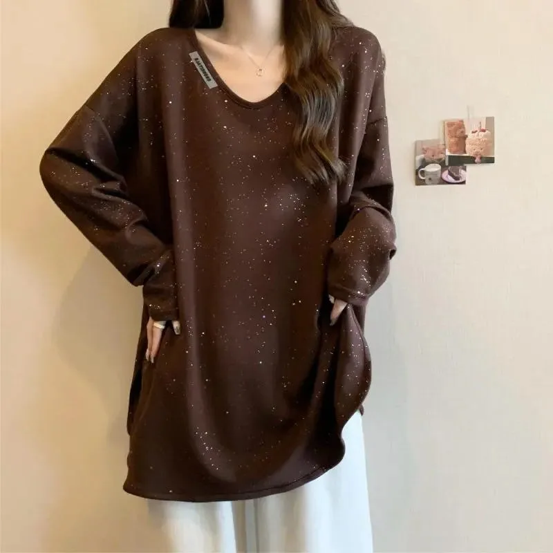 

Women's Spring and Autumn T-shirt Versatile Pullover American Style Stylish Solid Color Casual Top V-neck Long-sleeved