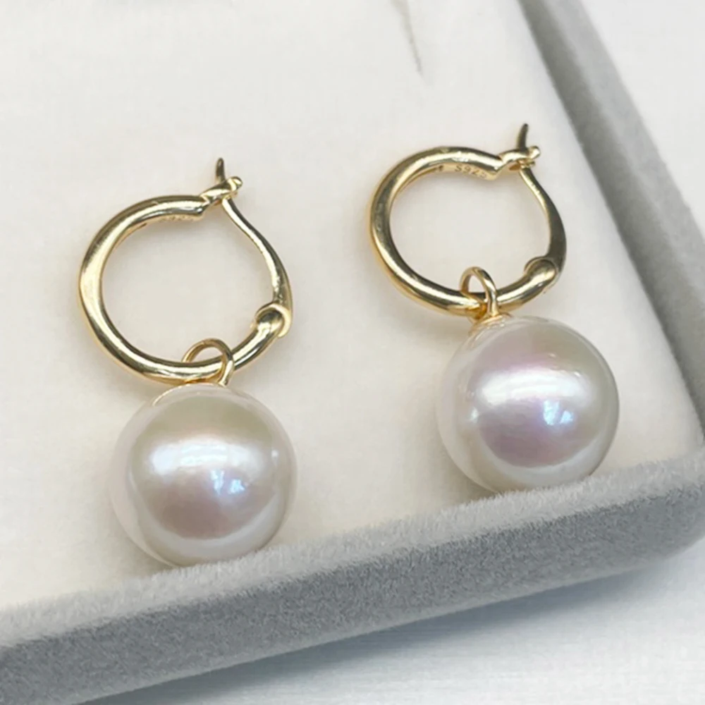 Simple Style 11-12mm Large Size White Round Strong Light Natural Freshwater Pearl 925 Silver Hoop Earrings Real Pearl Jewelry