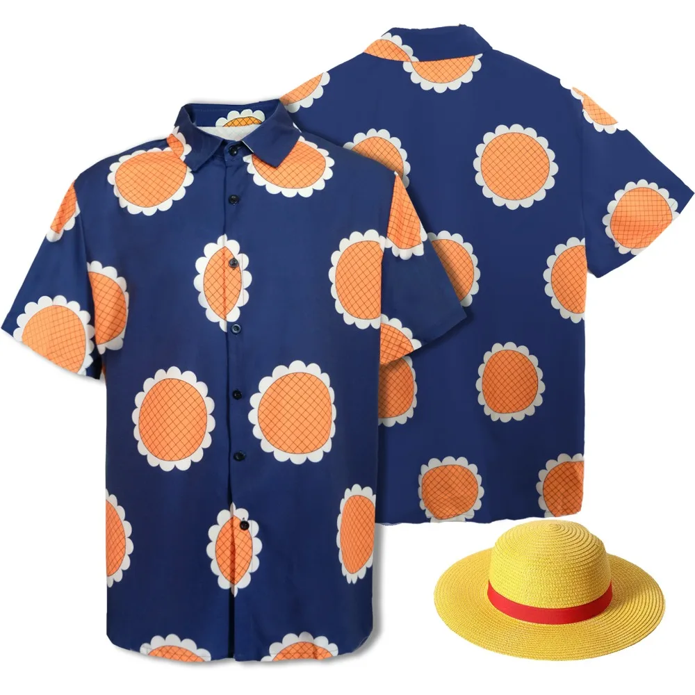 

Anime Luffy Cosplay Men Costume Sunflower Print Button Shirt Halloween Adult Cosplay Luffy Straw Hat Option Top Suit