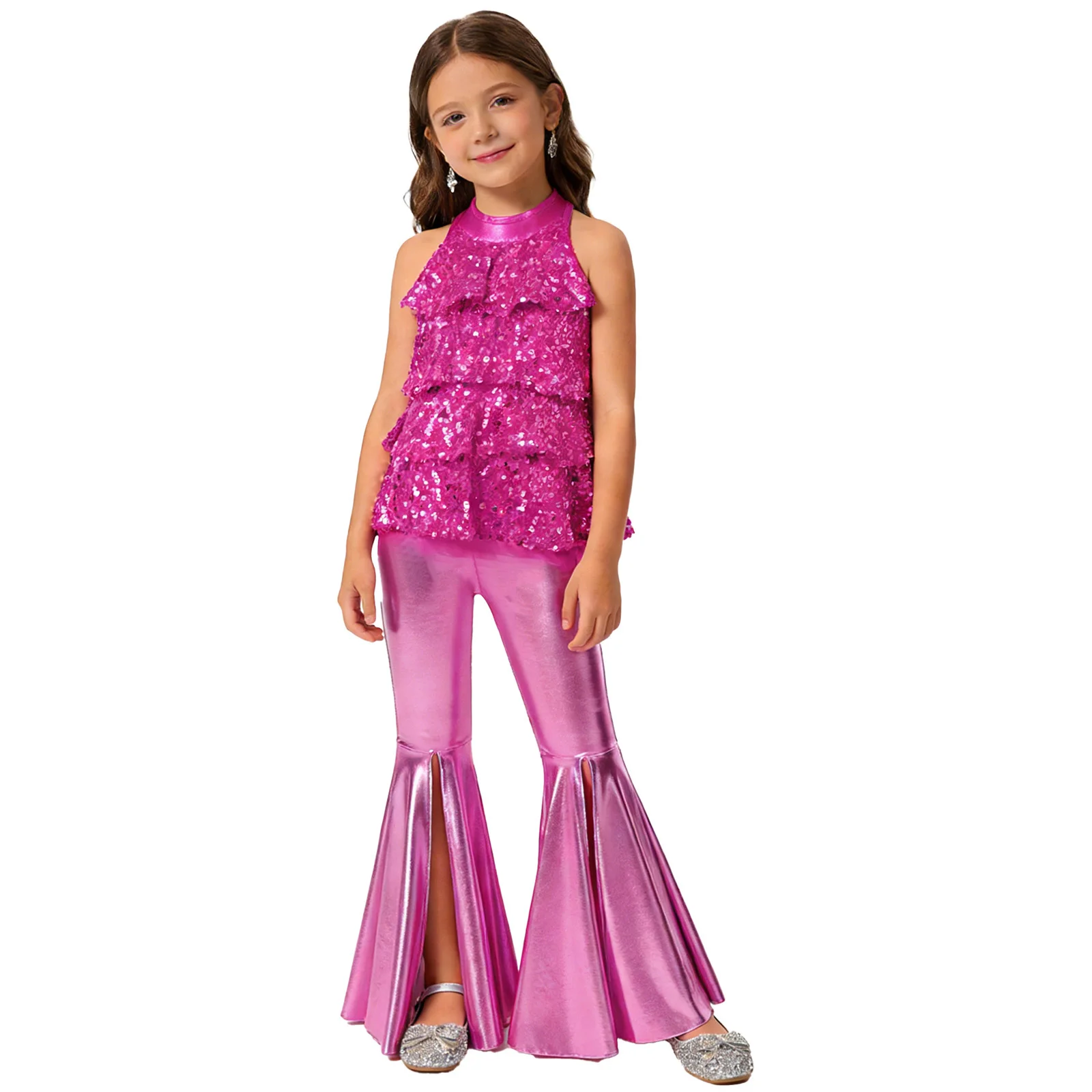 Children's Metallic Pants Suits Disco Outfits Kids Girls Jazz Dance Hip Hop Costume Sequins Leotard with Split Flares Trousers