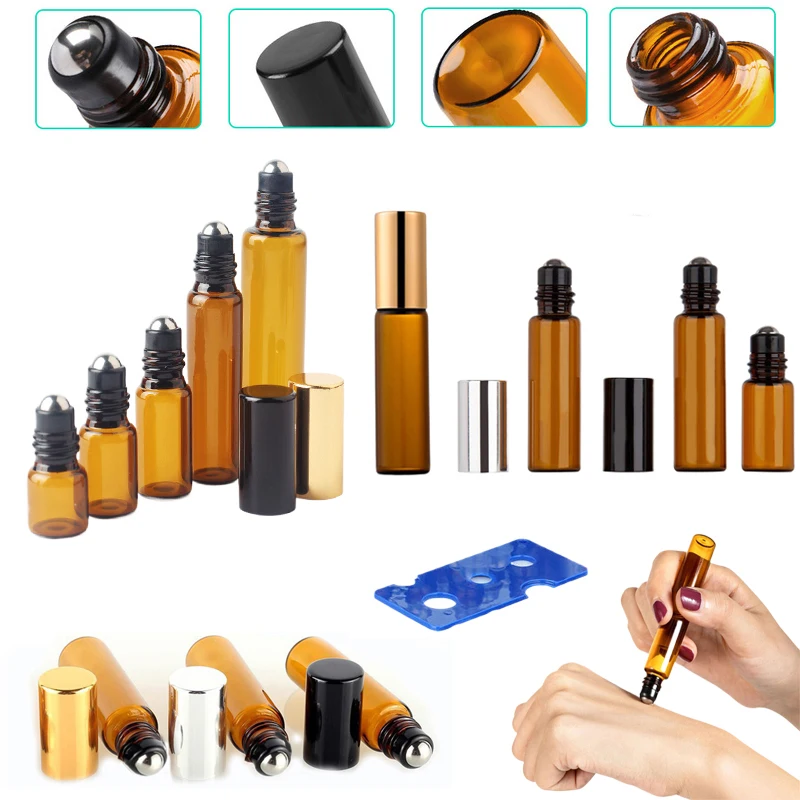 100Pcs 1-10ml Mini Empty Essential Oil Roller Bottles Amber Glass Roll-on Stainless Steel Balls Bottle For Aromatherapy Perfume