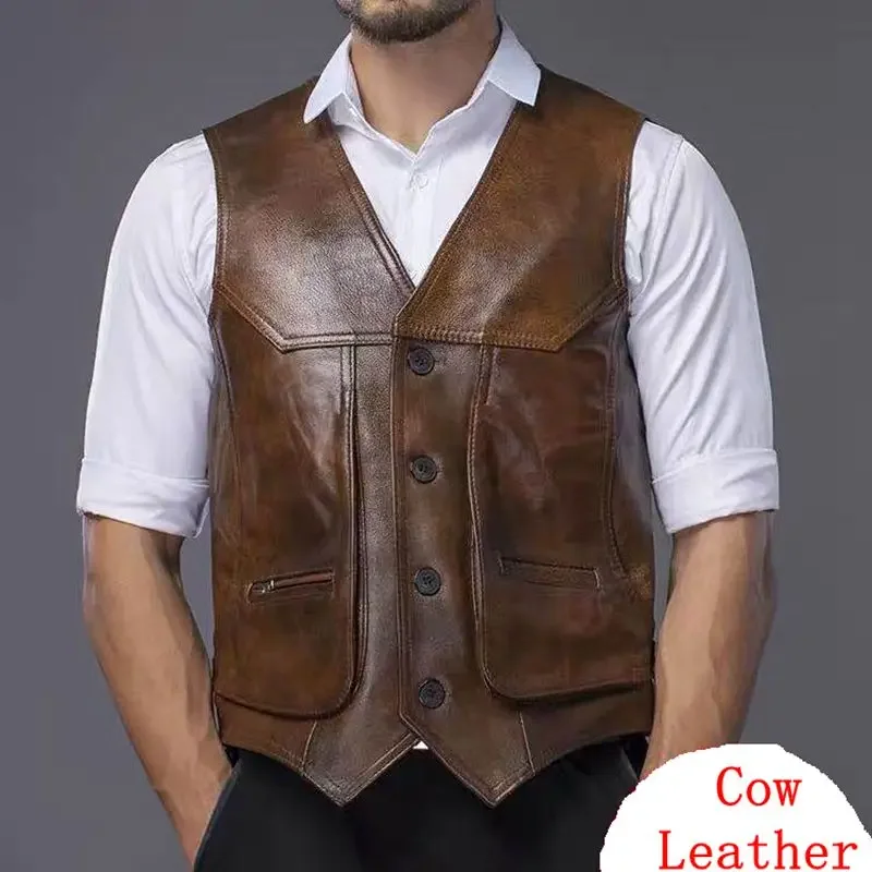 Large Piece of Genuine Leather Motorcycle Vest Mens Fit Real Cowhide Leather Waistcoat Bikers Vest Sleeveless Jacket ZL366