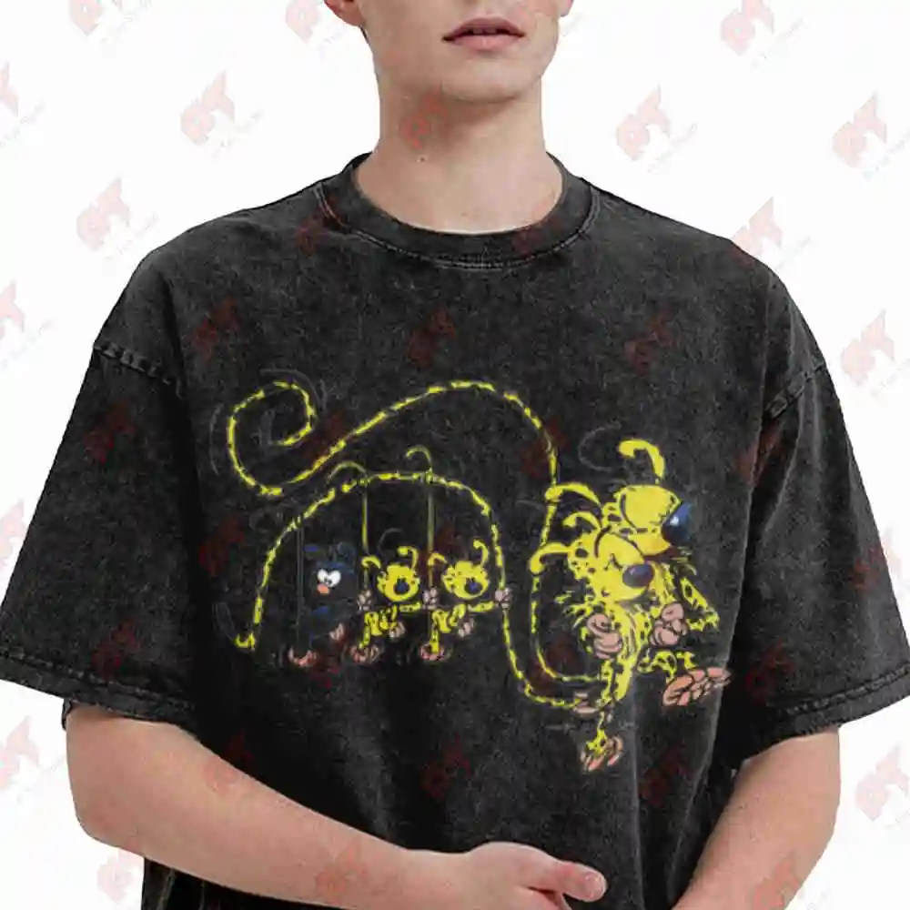 Marsupilami Babies Hanging On Tail Vintage Washed Tee Pure Cotton T-Shirt