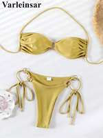 Sexy Halter Metal Rings High Leg Cut Bikini Female Swimsuit Women Swimwear Two-pieces Bikini set Bather Bathing Suit Swim V7140