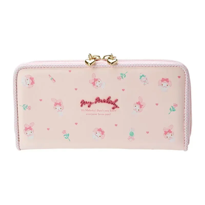 Hello Kitty Women's Long Purse Sanrio Cinnamoroll Kuromi Mymelody Fashion Cartoon Girl Leather Zipper Decorated Boutique Wallet