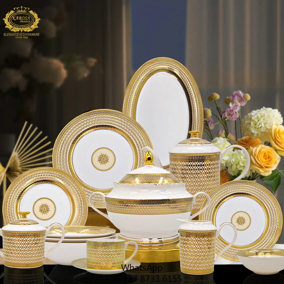 

98pcs Embossed Real Gold Porcelain Bone China Luxury Royal Style Wedding Dinnerware Porcelain Dinner Set For Hotel Restaurant