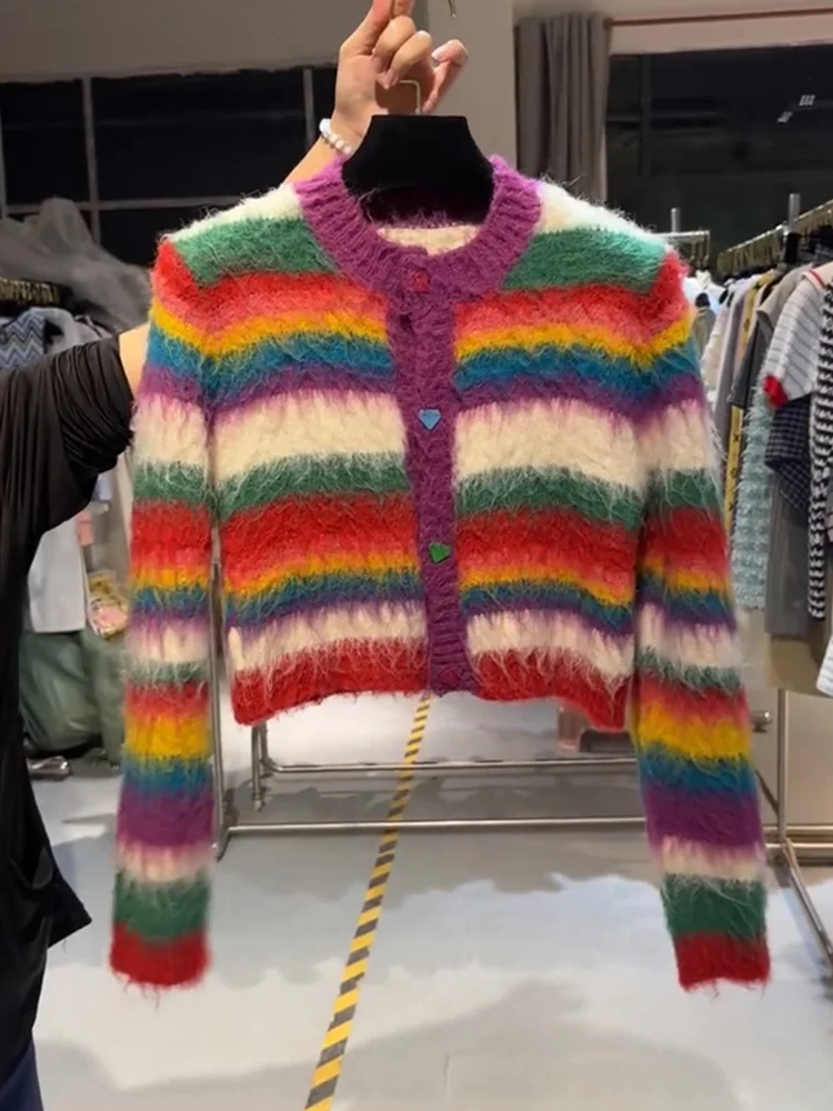 

Корейский вязаный кардиган с радужными полосками, модный, больших размеров, осенняя новинка, женский свитер-кардиган