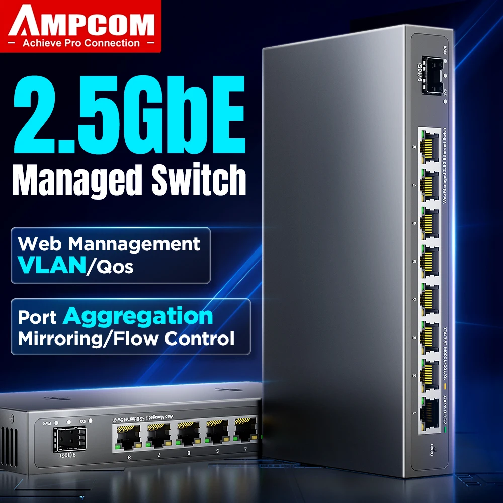 AMPCOM 2.5GbE Managed Switch UK Plug, 8 Port 2.5GBASE-T Network Switch 10G SFP+ Slot Uplink Web Management QOS VLAN LACP Fanless