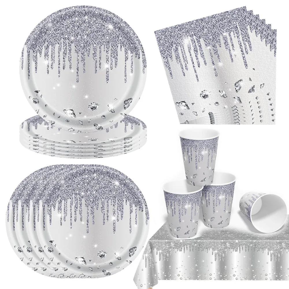 Silber-Glitzer Einweg-Geschirrset Luxuriöse Diamant-Pappteller Becher Servietten Tischdecke Hochzeit Brautparty Partyzubehör