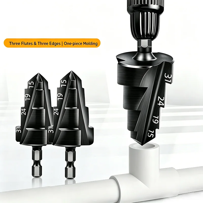 15-31mm Hex Shank Step Drill Bit Spiral Flute Pagoda Hole Cutter PVC Pipe Wood Plastic Multifunctional Hole Opening Drill Tool