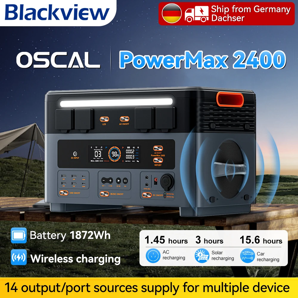 Centrale électrique Blackview OSCAL PowerMax 2400 1872 Wh LiFePO4, générateur solaire 16 sorties, contrôle WiFi ou Bluetooth