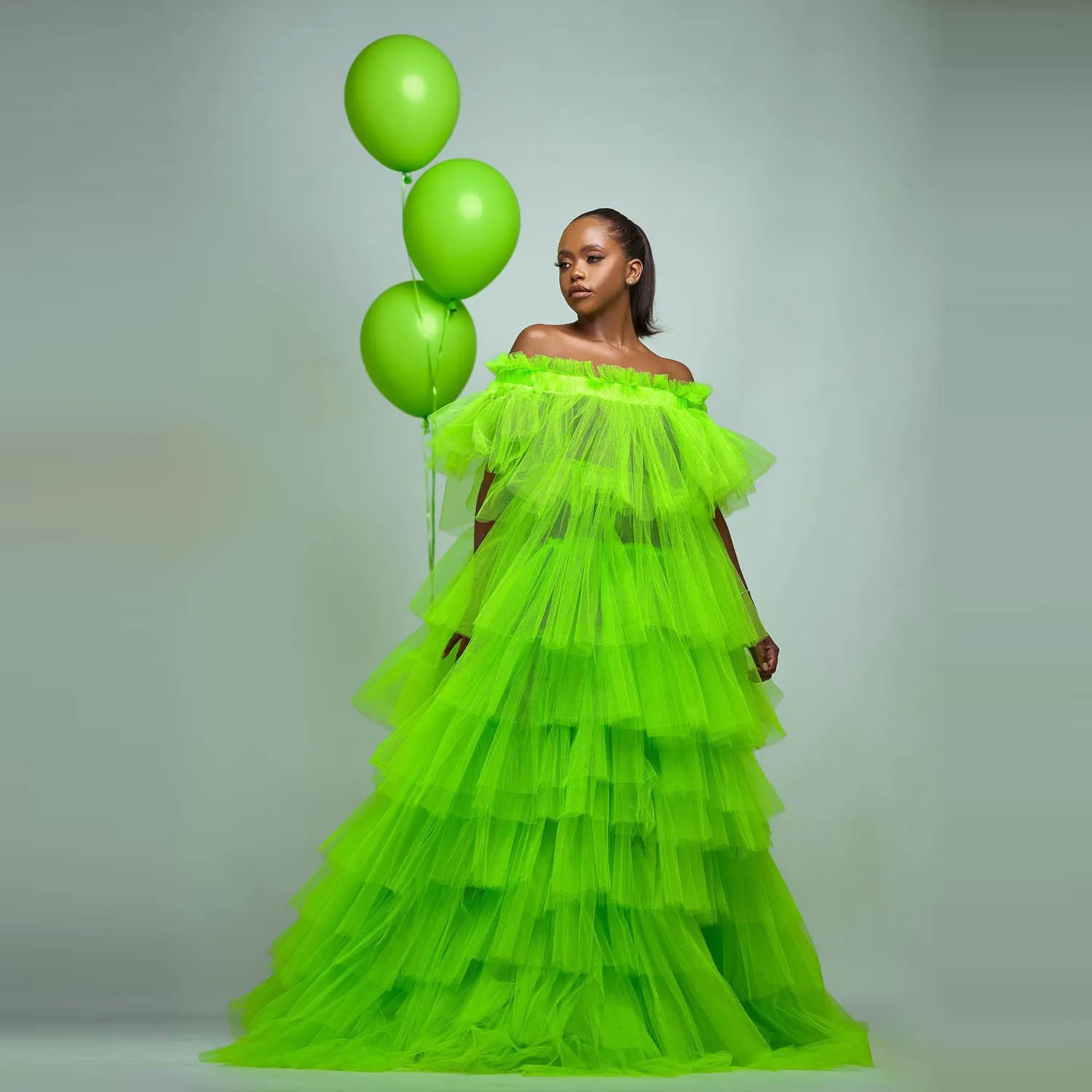 Fluorescent Green Tulle Dresses Off The Shoulder Tiered Ball Gown Girls Birthday Party Dress For BabyShows Pregnant Woman Gowns