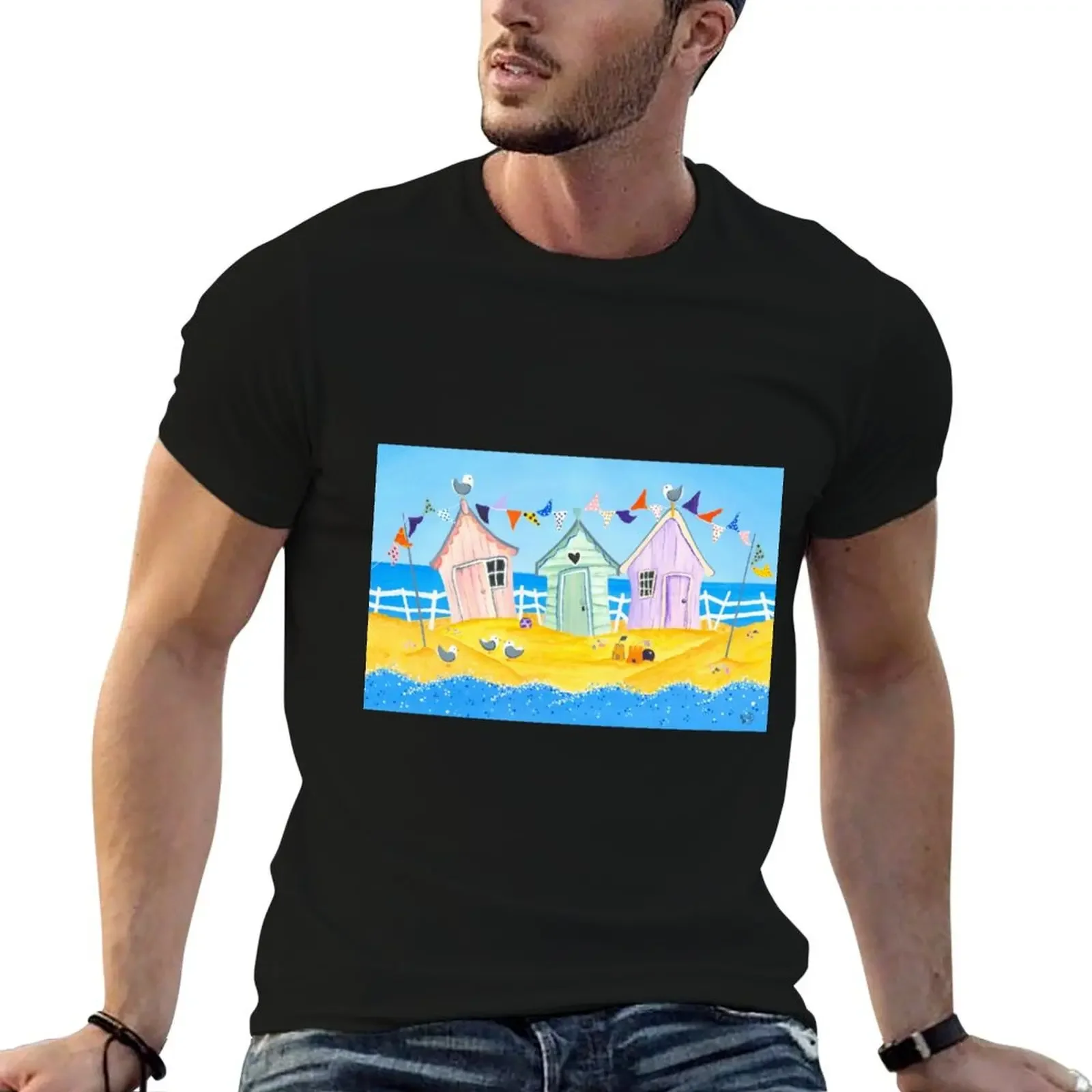 beach huts T-Shirt summer tops cute clothes t shirt men 100℅ cotton