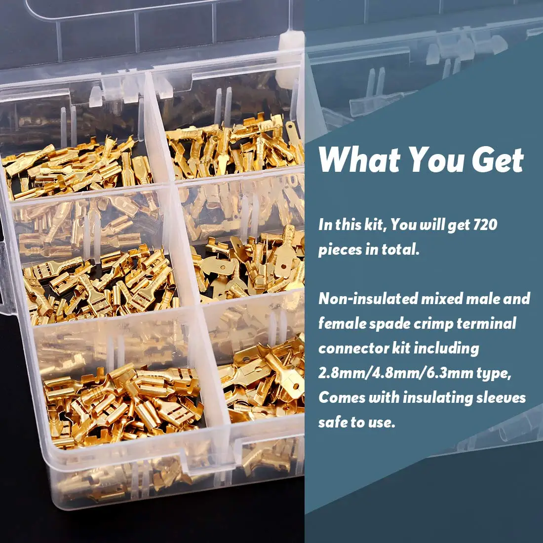 

720Pcs 2.8mm 4.8mm 6.3mm Male and Female Wire Spade Connector and Insulating Sleeve Assortment Kit Copper Wire Crimp Terminal