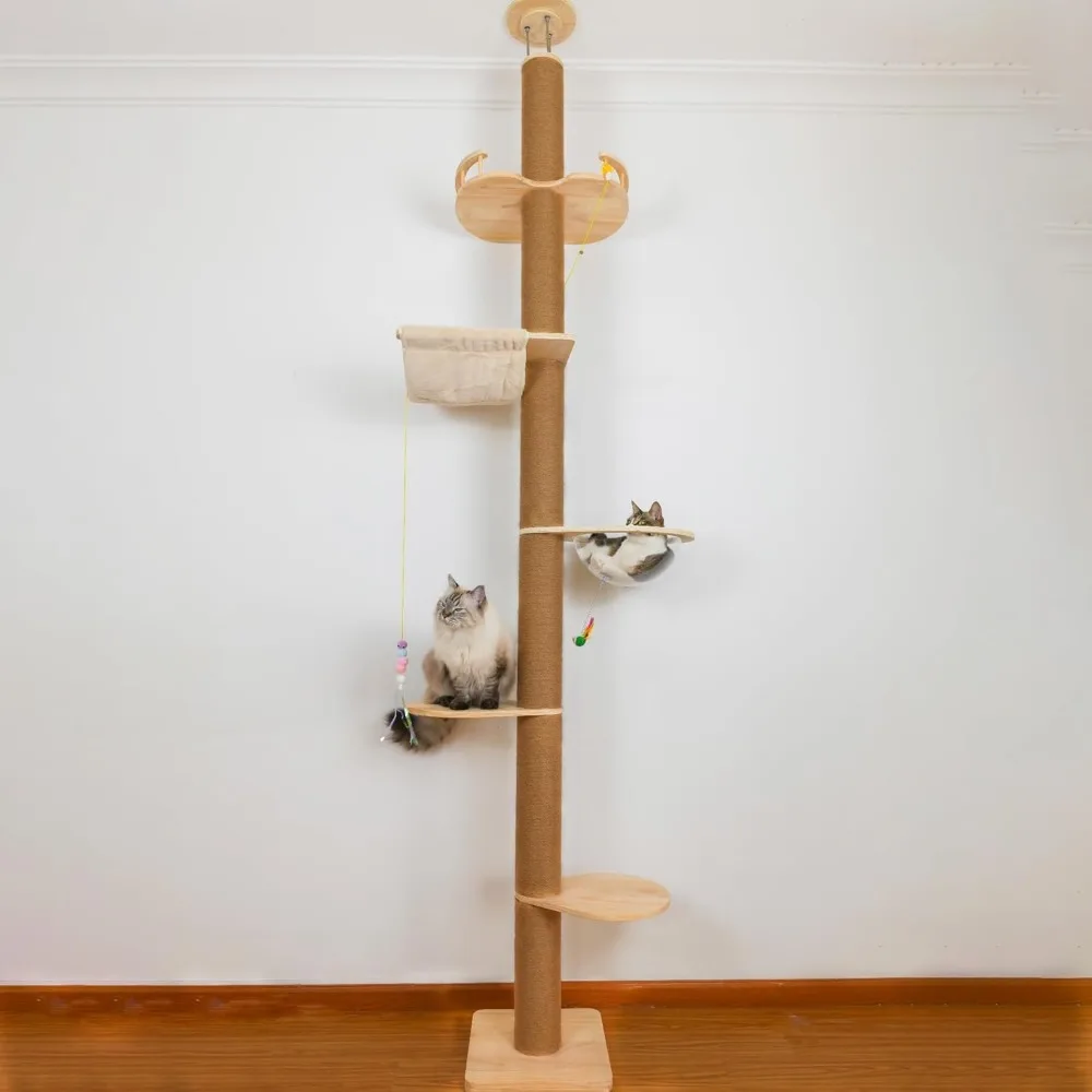 Floor to Ceiling Cat Tree Height (50-120 in) Adjustable Tower 5 Tier Hemp Scratching Post High Tree Sturdy Activity