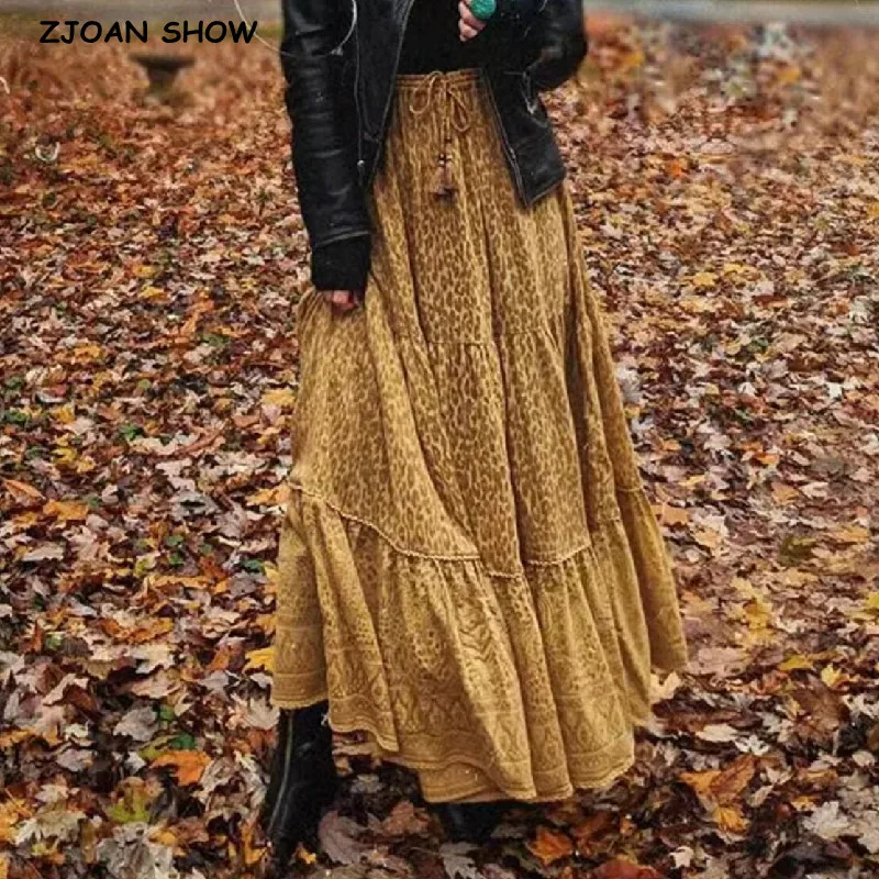 

Bohemian Yellow Leopard Print Long Skirt BOHO Women Stitching pleated Lacing up Stream Elastic Waist Swing Skirts Beach