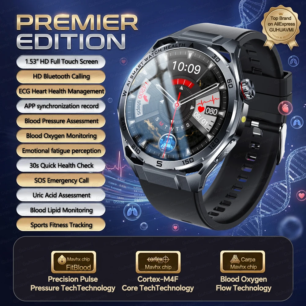 2026New Nursing-Grade AI ECG Smart Watch 1.53''Sapphire Glass Heart Rate Blood Lipid Uric Acid Monitor Bluetooth Call Smartwatch image 3