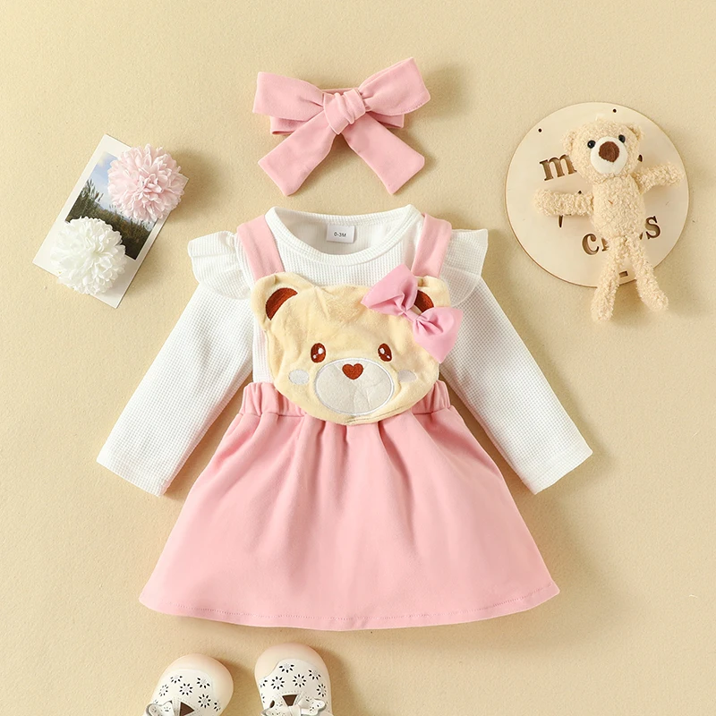 0-18 Months Baby Girls Clothes Sets Long Sleeve Print Rompers Cartoon Bear Halter Skirt With Bow 3Pcs Infant Suits