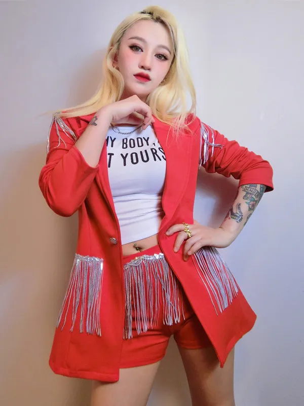 Red Jazz Style Hollow out Suit Jacket Women's Stage Performance Wedding Hostess Flashing Tassel Ethnic Costume Top