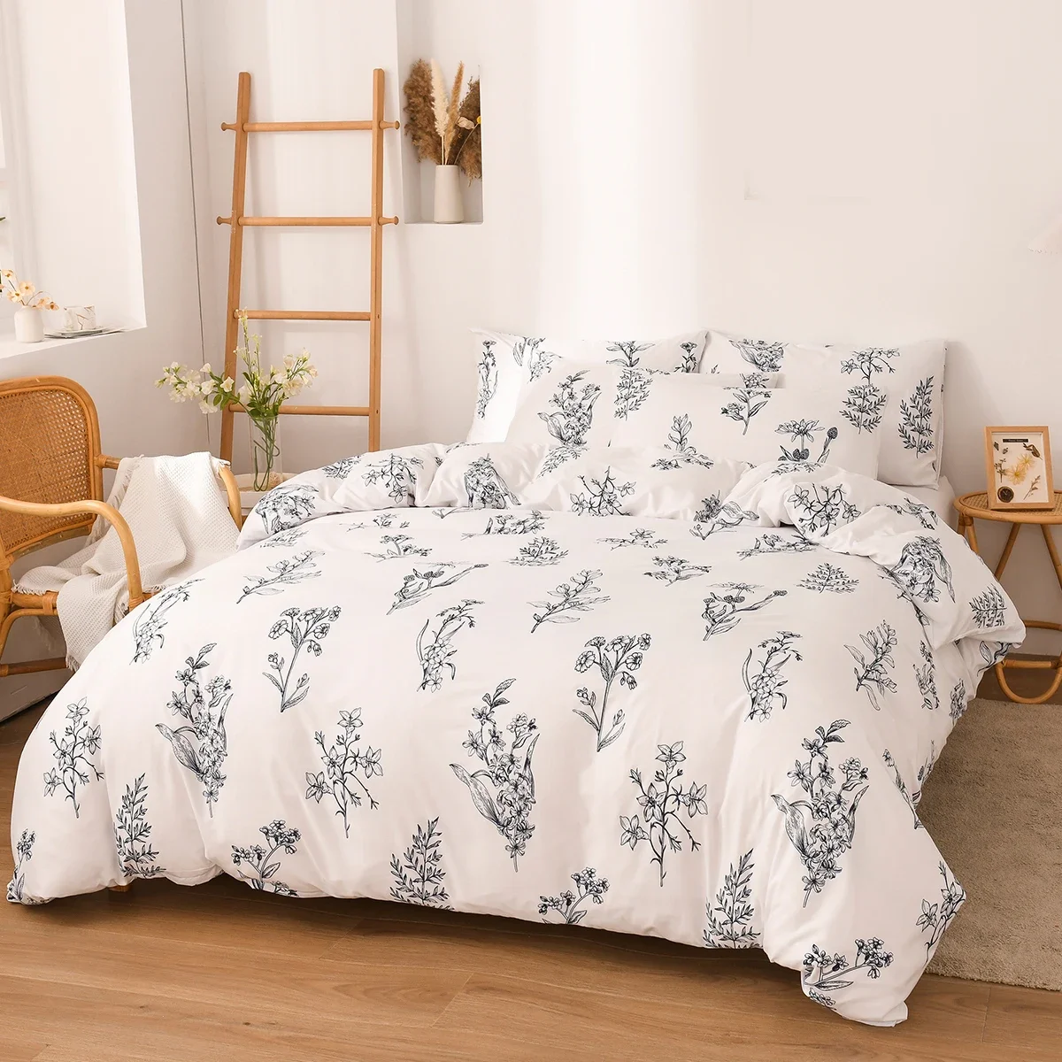 Floral Duvet Cover Set 3pcs Farmhouse Plant Comforter Cover Soft Botanical Flower Leaves Bedding Set with Double Sided Pattern