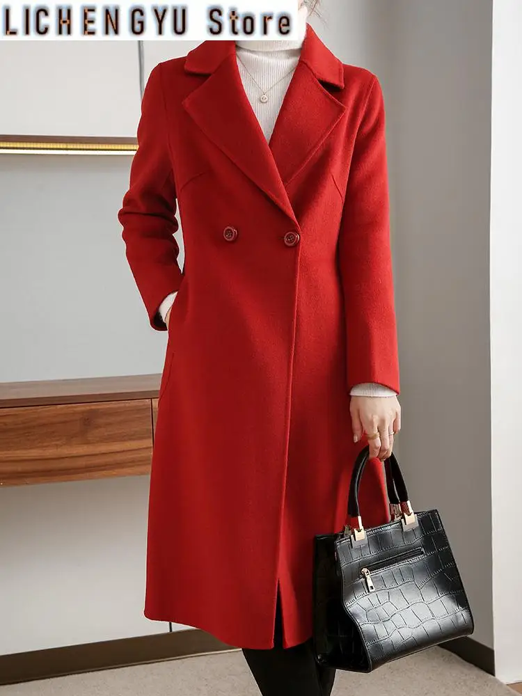 New Autumn and Winter Women's Coat Double-Sided Woolen Pure Wool Unlined Long Gown Belt Lace-up Fashion Trendy Women's Coat