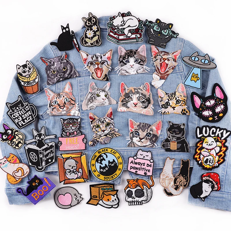 Pocket Cat Embroidery Patch Cute Cartoon Animal Patch Iron On Patches For Clothing Cat Embroidered Patches On Kids Clothes DIY