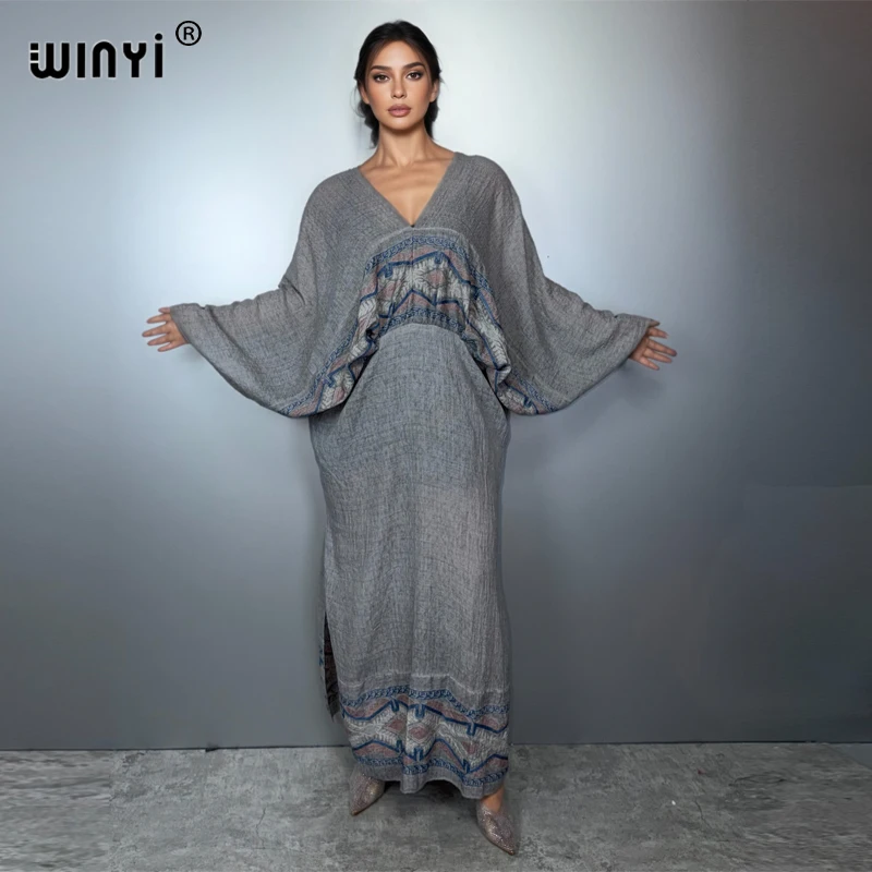 

WINYI платье с вышивкой, купальник, мусульманское женское пляжное платье, сексуальные платья с v-образным вырезом, Абая, Дубай, роскошный халат, модный кафтан