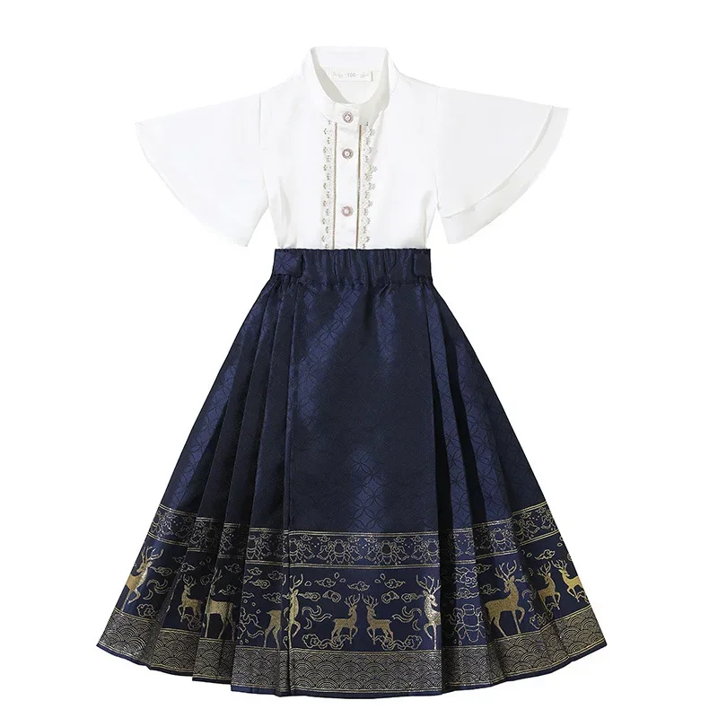 Terno Tang estilo chinês para meninas, National Daily, saia de rosto de cavalo, estampa azul marinho melhorada, hanfu