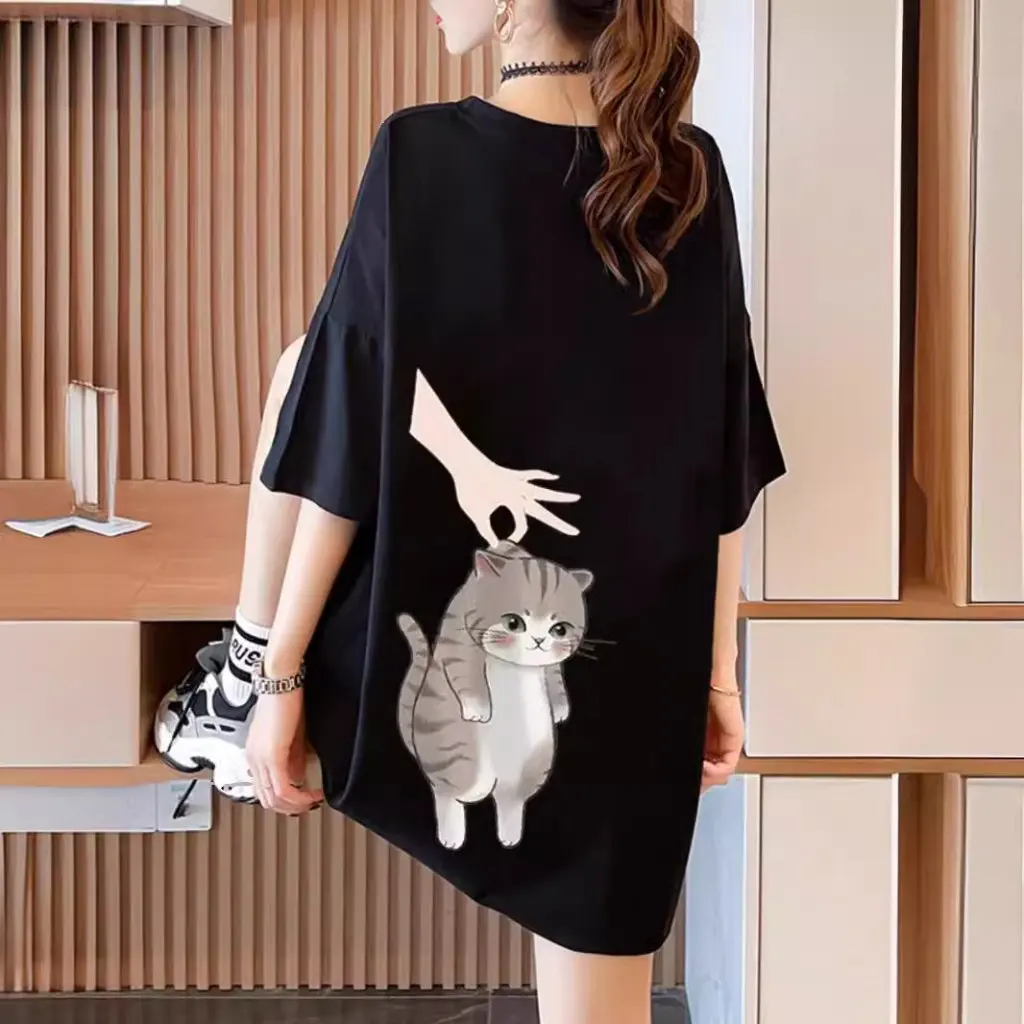 

plus Size Women's Short-Sleeved T-Shirt Korean Style Loose Cotton Top for Chubby Girls Mid-Length Summer New Belly Covering