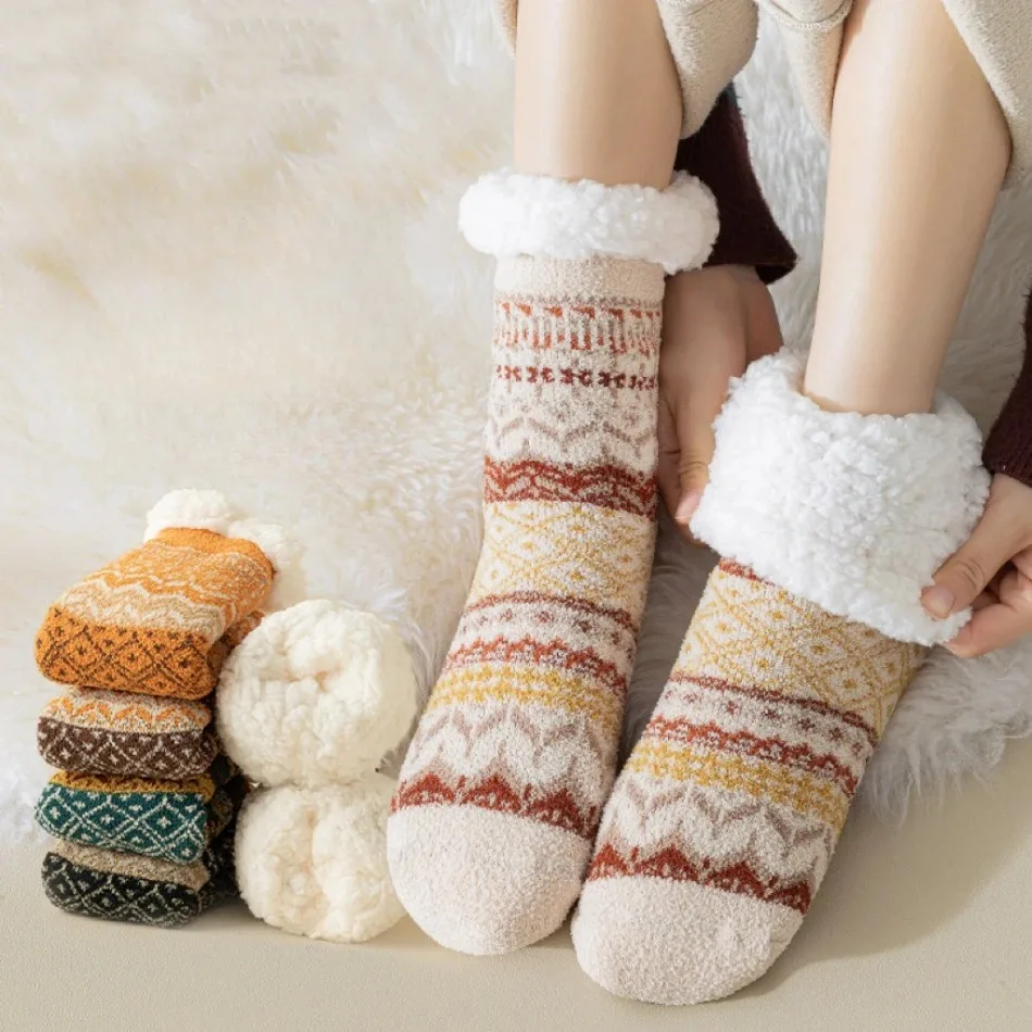 

New Winter Legs Warmer Lamb Wool Floor Socks Fleece Thickened Warm Non-slip Silicone Home Socks Ethnic Style Tube Socks
