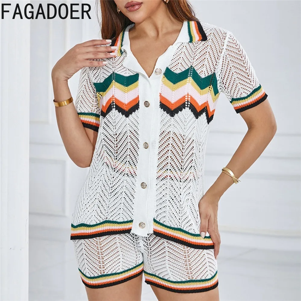 

FAGADOER Summer New Knitting Hollow Print Two Piece Sets Women V Neck Button Short Sleeve Top And Shorts Outfits Female Clothing