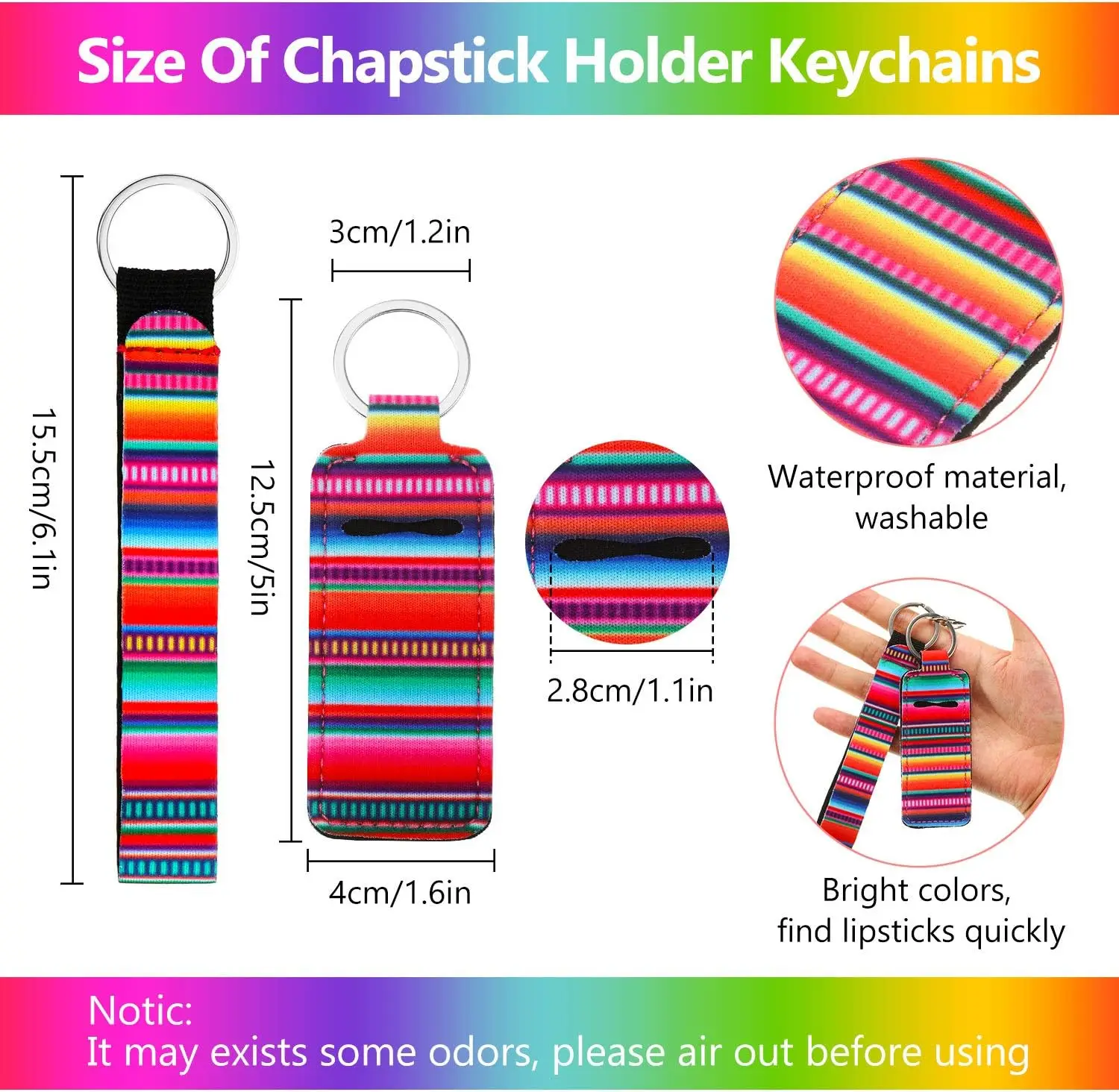 12Pieces Lipstick Holder Keychains，12Pieces Neoprene Wristlet Keychain Lanyards, Vibrant Colors Neoprene Lip Balm Cover