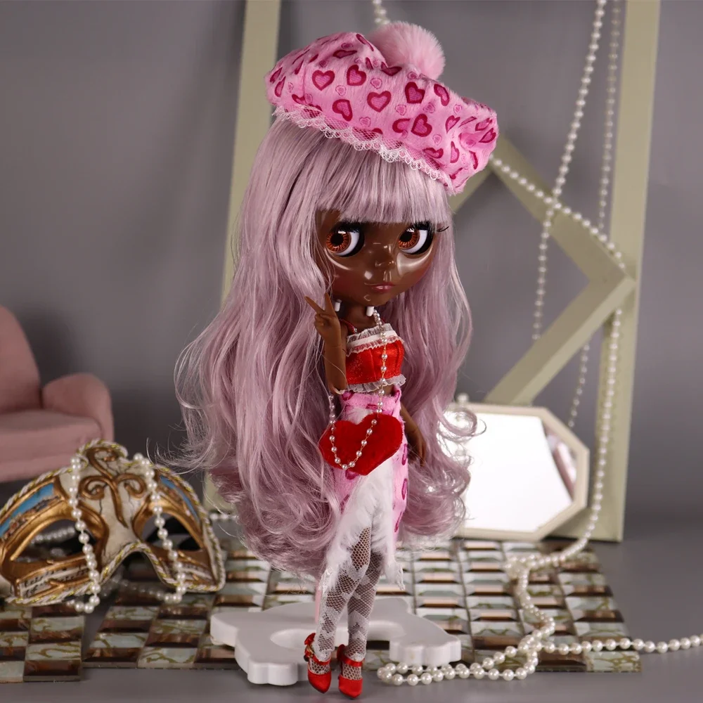 

ICY DBS Blyth Doll Violet Peach Hair Deep Dark Skin Glossy Face 30cm BJD Doll Including Clothes Girl Festival Gift Birthday Gift