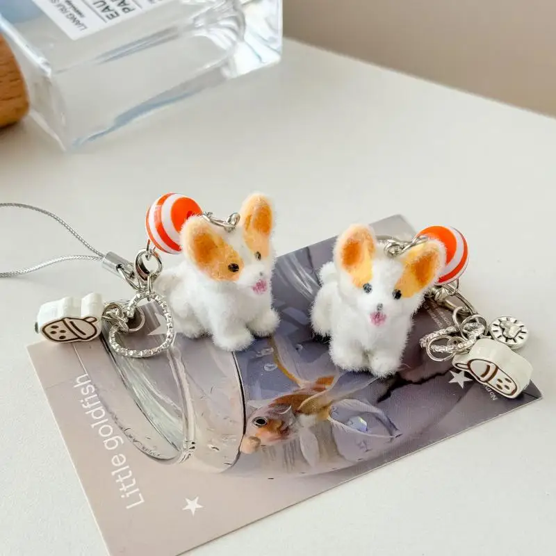 

Cute Resin Cartoon Flocking Puppy Keychain Bag Pendant Kawaii Mobile Phone Chain Gifts For Women Girls Key Ring