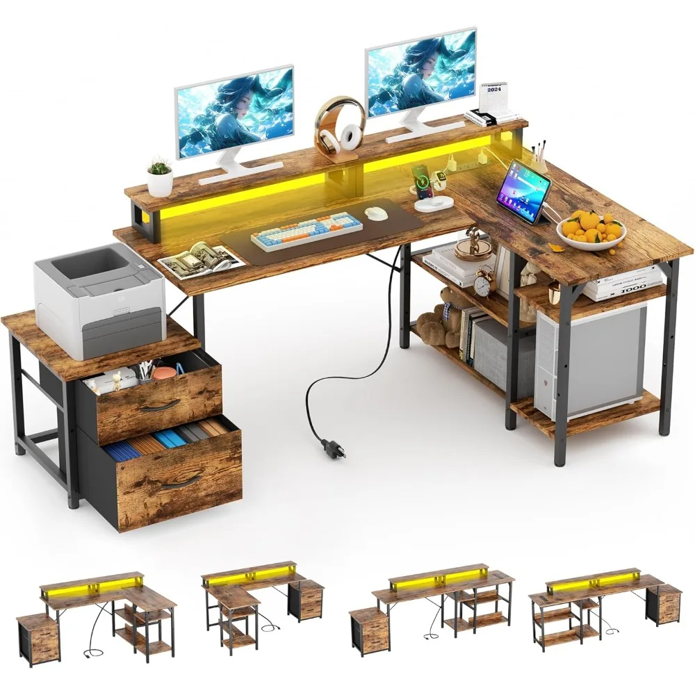 

67'' L Shaped Compuer Desk with Drawers, Large Gaming Desk with File Drawer & 2 Monitor Stands, Corner Desks for Home Office, Ru