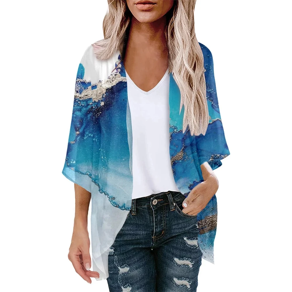 Fashion Women'S Swimwear Cover Ups Short Sleeve Printed Kimono Cardigan Loose Fit Women'S Beach Clothes Oversize Beach Cardigan