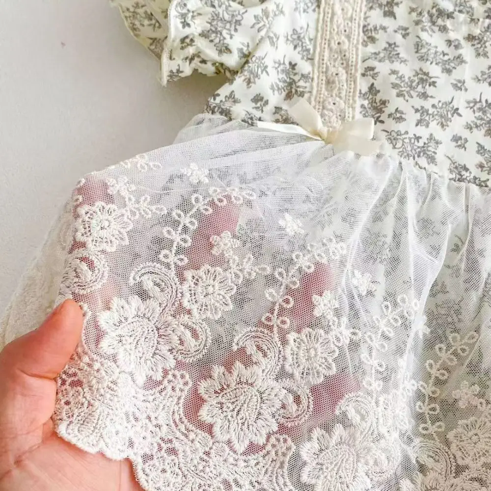 Lace Mesh Baby Jumper Dress Bodysuit Bowknot Flower Baby Jumpsuit Fluffy Infant Romper Toddle Climb Suit Infant Wear