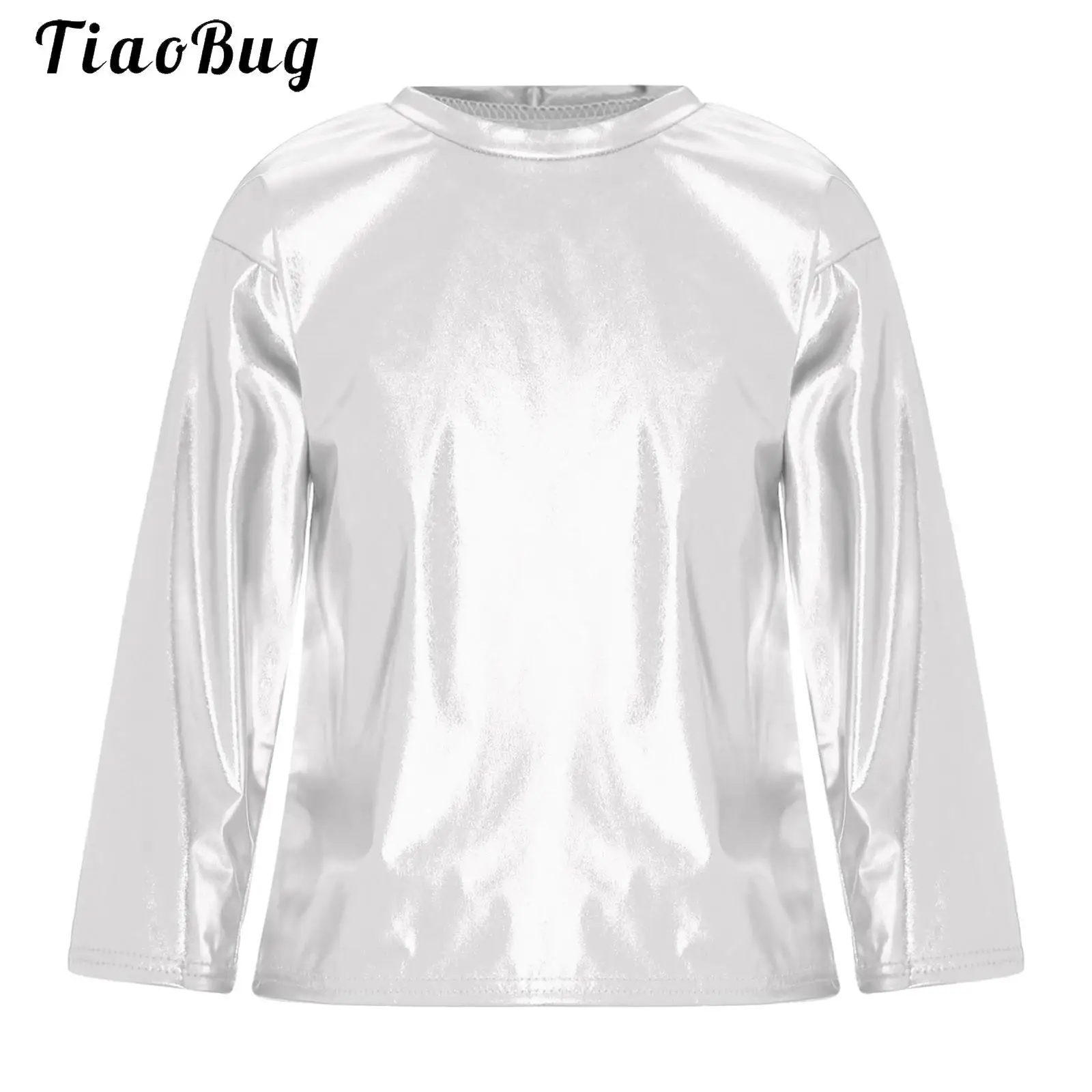 Kids Girls Boys Shiny Metallic T-Shirts Sparkle Long Sleeve Shirts Dance Performance Tops Party Wear