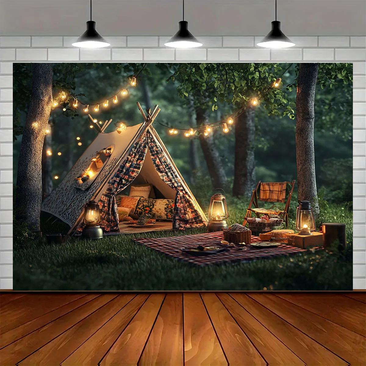 1 Stück Campingzelt aus Polyesterfaser, Wald-Picknick-Hintergrund, mit Glühlampen und Holzboden – Party-Dekoration