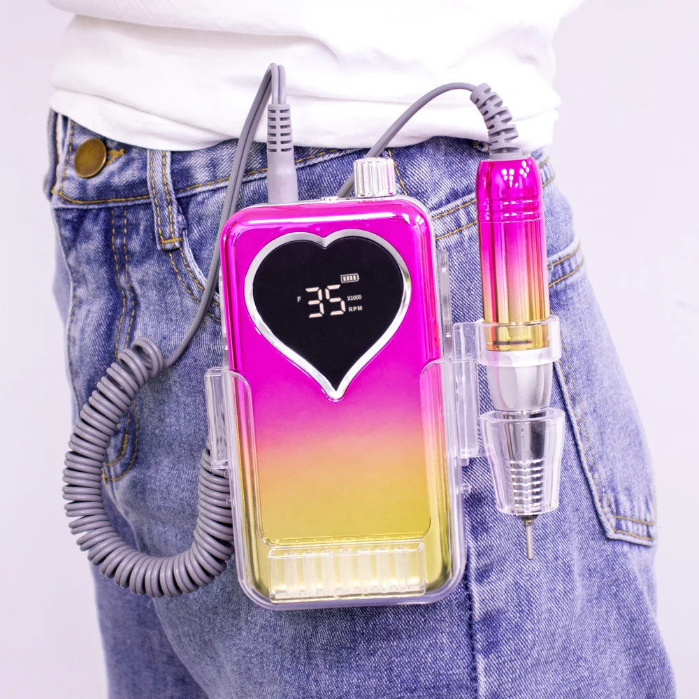 Venda quente OEM Profissional Forma de Coração HD Display 35000rpm Elétrico Recarregável Sem Fio Máquina Broca de Unhas Manicure Portátil