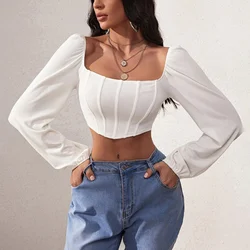 Casual Crop białe topy dla kobiet z dzianiny z kwadratowym dekoltem z długim rękawem gorsetowa kamizelka letnia bielizna gorset Tank Top dopasowana koszulka