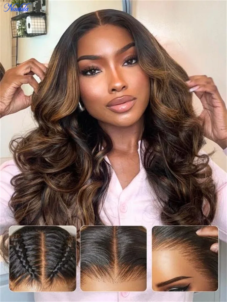 Nadula Balayage Brown Drawstring Glueless Wig with Curtain Bangs Loose Wave 7x5 Pre Cut HD Transparent Lace Pre Bleached Tiny Knots Human Hair Wig Ready to Wear Density 180% Suitable for All Heads Size 30 Days No Reason Free Local Return
