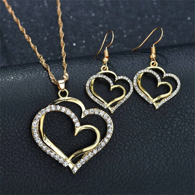 Conjunto de 3 uds de joyería en forma de corazón, pendientes, collar con colgante para mujer, exquisito conjunto de joyería de doble corazón con diamantes de imitación a la moda