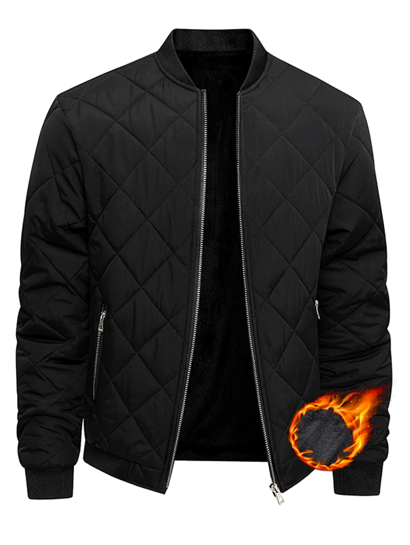 

Men's Solid Padded Coat With Zipper Pockets, Casual Baseball Collar Zip Up Long Sleeve Warm Coat For Winter Outdoor Activities