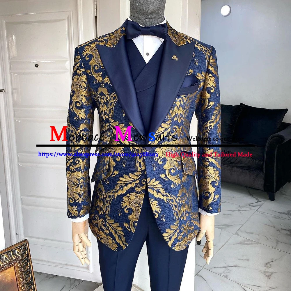 Gold Print Groom Tuxedo Navy Blue Slim Fit Wedding Suits For Men Formal Men Suit Set 3 Piece Sets Customized Trajes Hombre