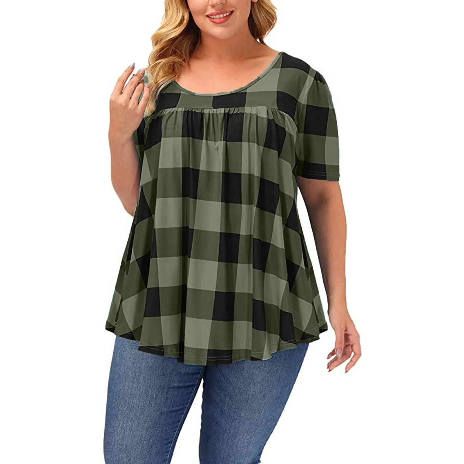 Printed Loose Fit Top with Round Neck Short Sleeve Pleated Plaid Pullover Regular Length Socialite Style Women T Shirts Spring