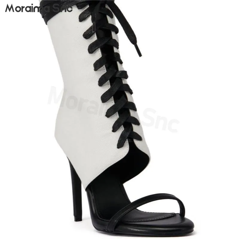 

One-Strap Cross-Strap Sandals Black and White Color Matching Strappy Open-Toe Fashion Sandals Stiletto High-Heeled Sexy Sandals